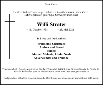 Traueranzeige von Willi Sträter von WVW Anzeigenblätter