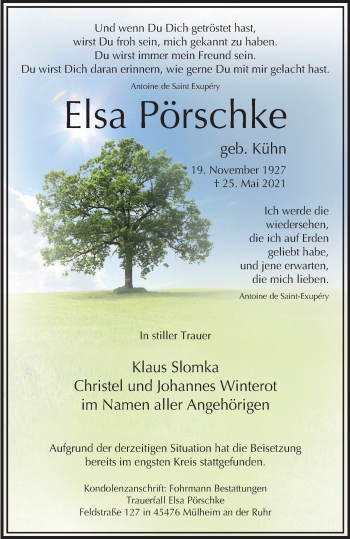 Traueranzeige von Elsa Pörschke von WVW Anzeigenblätter