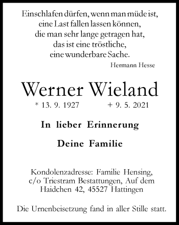 Traueranzeige von Werner Wieland von WVW Anzeigenblätter