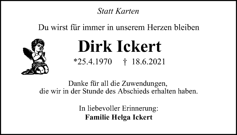  Traueranzeige für Dirk Ickert vom 24.07.2021 aus WVW Anzeigenblätter