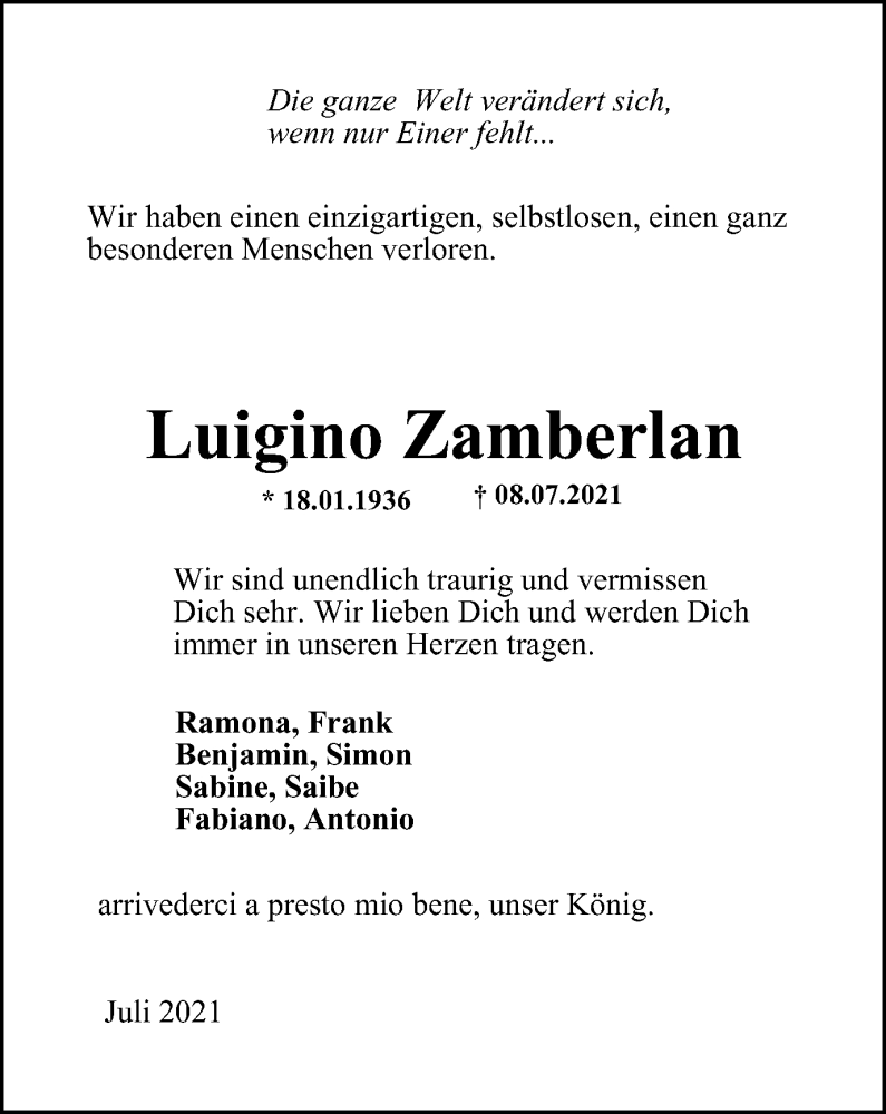 Traueranzeige für Luigino Zamberlan vom 24.07.2021 aus WVW Anzeigenblätter