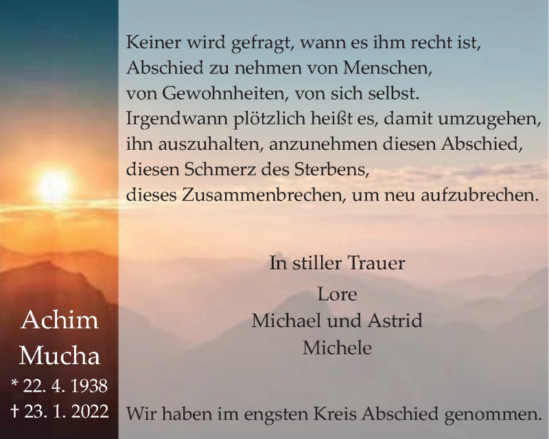  Traueranzeige für Achim Mucha vom 19.02.2022 aus WVW Anzeigenblätter