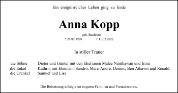 Traueranzeige von Anna Kopp von WVW Anzeigenblätter