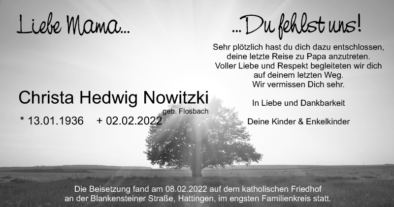  Traueranzeige für Christa Hedwig Nowitzki vom 12.02.2022 aus WVW Anzeigenblätter