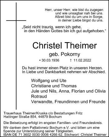 Traueranzeige von Christel Theimer von WVW Anzeigenblätter