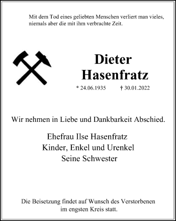 Traueranzeige von Dieter Hasenfratz von WVW Anzeigenblätter