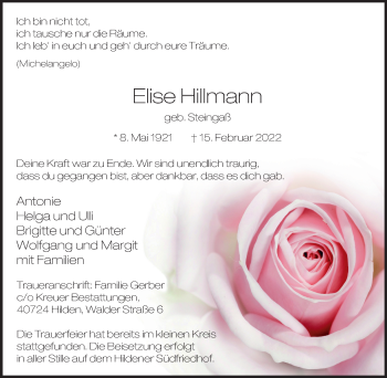 Traueranzeige von Elise Hillmann von WVW Anzeigenblätter