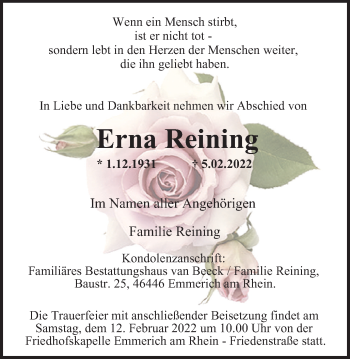 Traueranzeige von Erna Reining von WVW Anzeigenblätter