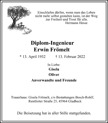Traueranzeige von Erwin Frömelt von WVW Anzeigenblätter