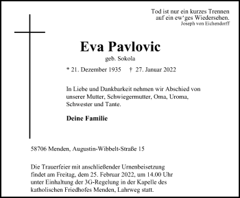 Traueranzeige von Eva Pavlovic von WVW Anzeigenblätter