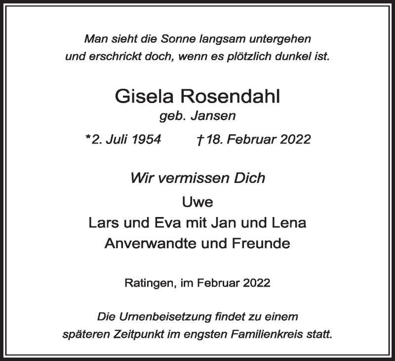 Traueranzeige für Gisela Rosendahl vom 26.02.2022 aus WVW Anzeigenblätter