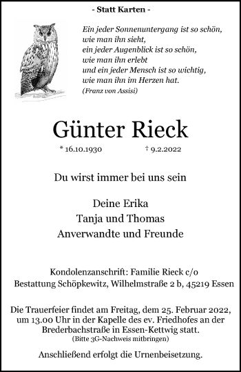 Traueranzeige von Günter Rieck von WVW Anzeigenblätter