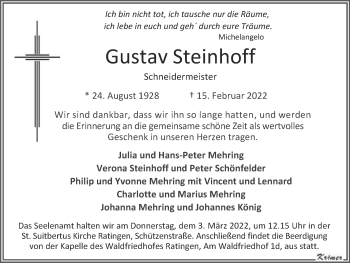 Traueranzeige von Gustav Steinhoff von WVW Anzeigenblätter