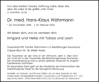 Traueranzeige von Hans-Klaus Wöhrmann von WVW Anzeigenblätter