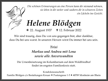 Traueranzeige von Helene Blödgen von WVW Anzeigenblätter