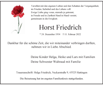 Traueranzeige von Horst Friedrich von WVW Anzeigenblätter