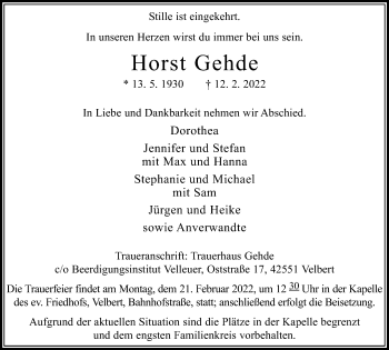 Traueranzeige von Horst Gehde von WVW Anzeigenblätter