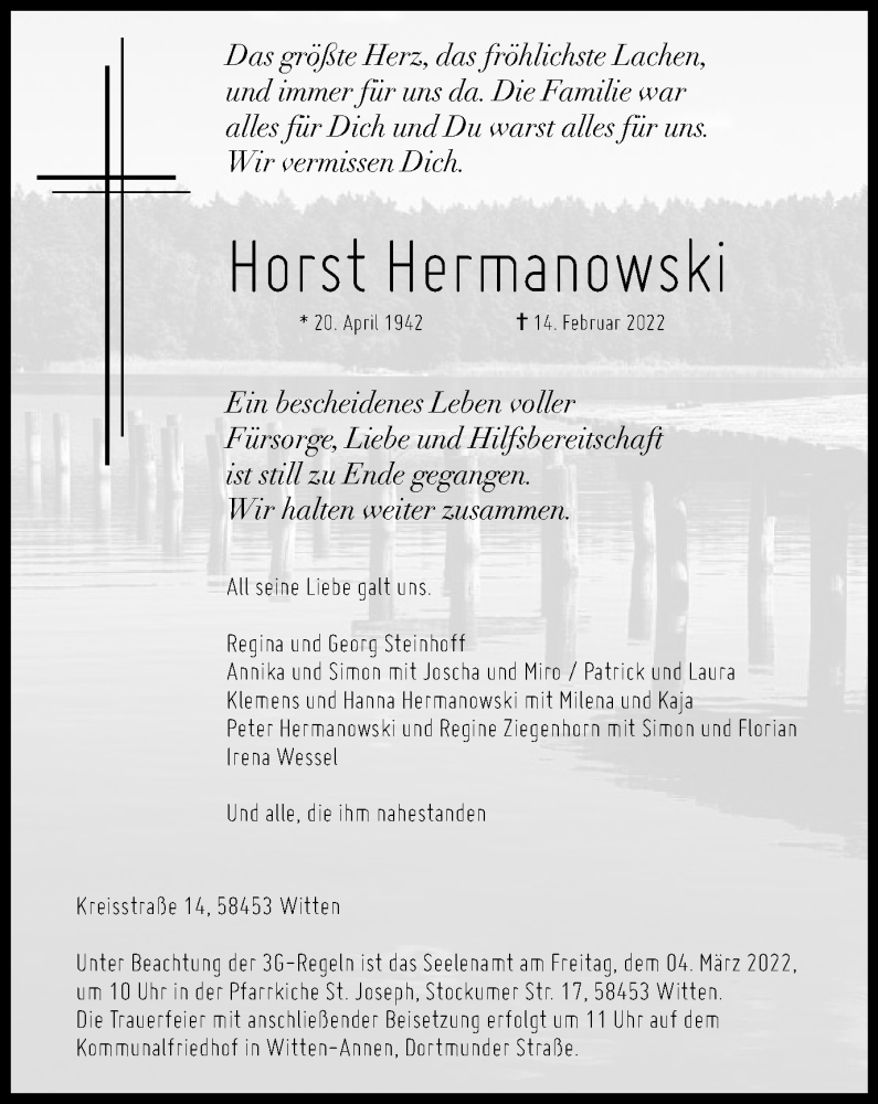  Traueranzeige für Horst Hermanowski vom 26.02.2022 aus WVW Anzeigenblätter