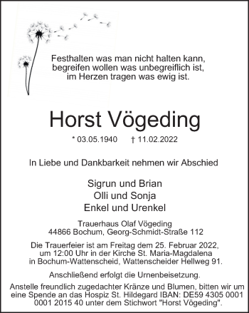 Traueranzeige von Horst Vögeding von WVW Anzeigenblätter
