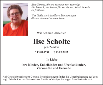 Traueranzeige von Ilse Scholte von WVW Anzeigenblätter