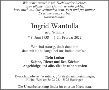 Traueranzeige von Ingrid Wantulla von WVW Anzeigenblätter