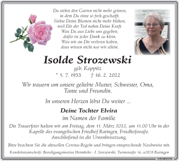 Traueranzeige von Isolde Strozewski von WVW Anzeigenblätter