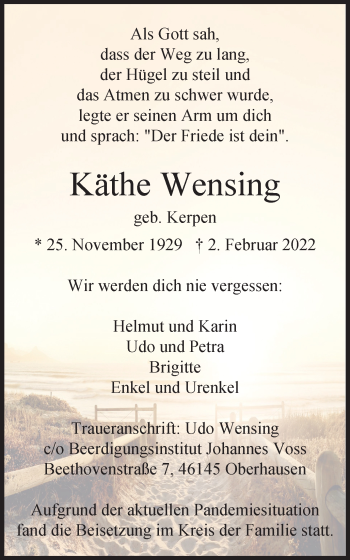 Traueranzeige von Käthe Wensing von WVW Anzeigenblätter