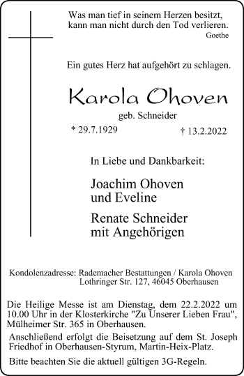 Traueranzeige von Karola Ohoven von WVW Anzeigenblätter