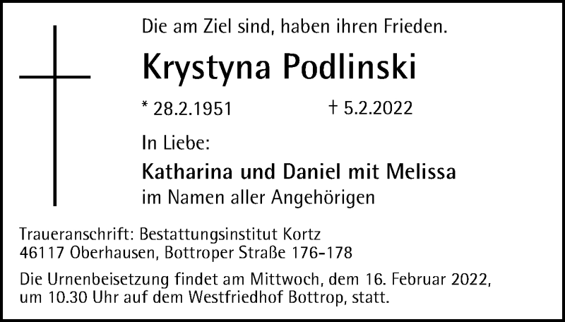  Traueranzeige für Krystyna Podlinski vom 12.02.2022 aus WVW Anzeigenblätter