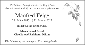 Traueranzeige von Manfred Feige von WVW Anzeigenblätter