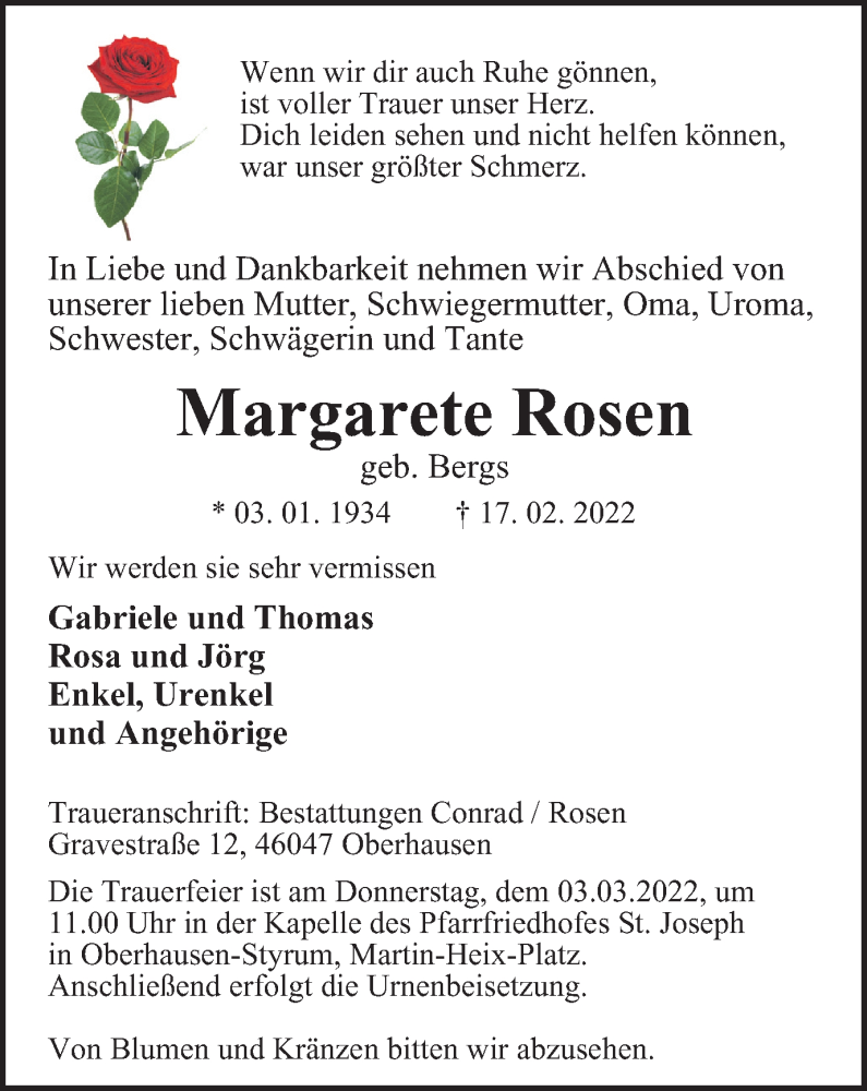  Traueranzeige für Margarete Rosen vom 26.02.2022 aus WVW Anzeigenblätter