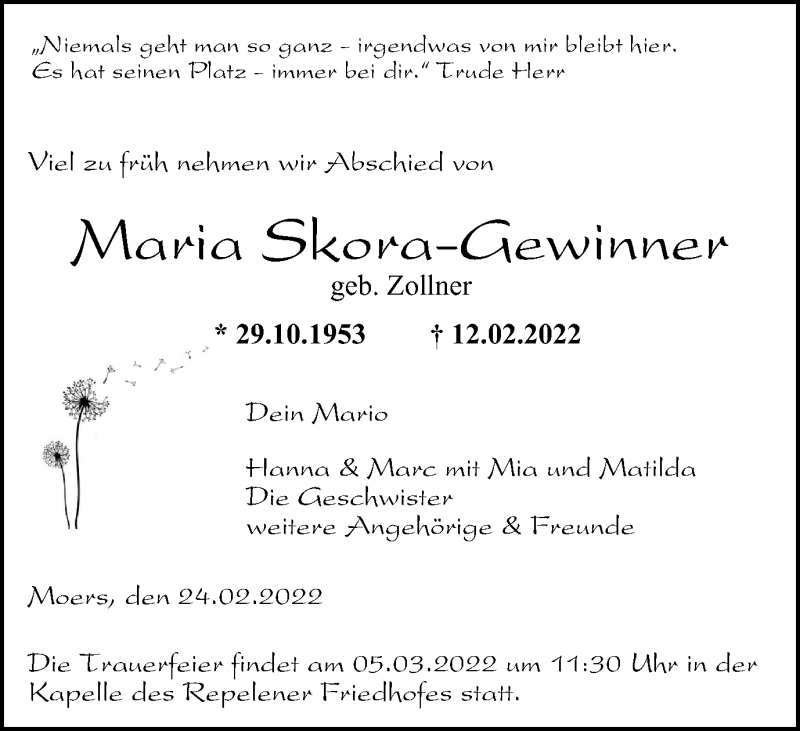  Traueranzeige für Maria Skora-Gewinner vom 26.02.2022 aus WVW Anzeigenblätter