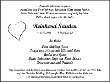 Traueranzeige von Reinhard Sanden von WVW Anzeigenblätter