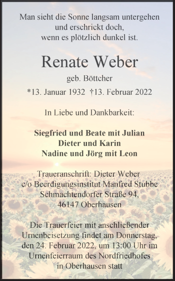 Traueranzeige von Renate Weber von WVW Anzeigenblätter