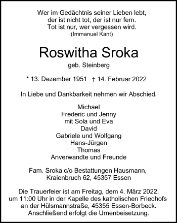 Traueranzeige von Roswitha Sroka von WVW Anzeigenblätter