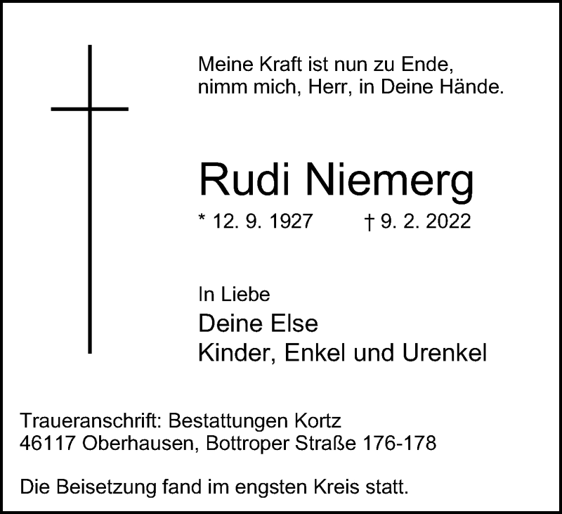  Traueranzeige für Rudi Niemerg vom 26.02.2022 aus WVW Anzeigenblätter