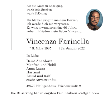 Traueranzeige von Vincenzo Farinella von WVW Anzeigenblätter