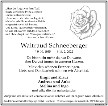 Traueranzeige von Waltraud Schneeberger von WVW Anzeigenblätter