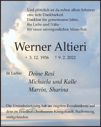 Traueranzeige von Werner Altieri von WVW Anzeigenblätter