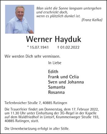 Traueranzeige von Werner Hayduk von WVW Anzeigenblätter