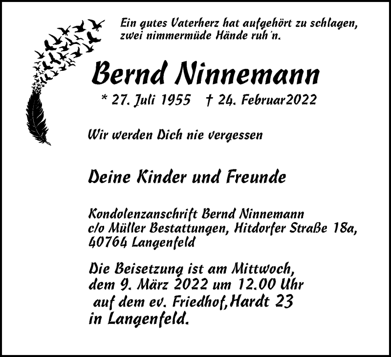  Traueranzeige für Bernd Ninnemann vom 05.03.2022 aus WVW Anzeigenblätter