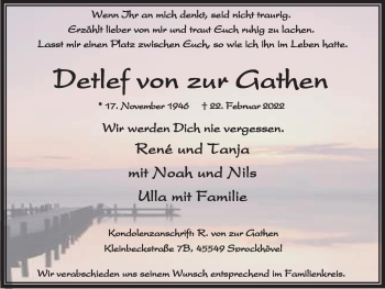Traueranzeige von Detlef von zur Gathen von WVW Anzeigenblätter