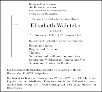 Traueranzeige von Elisabeth Waletzko von WVW Anzeigenblätter