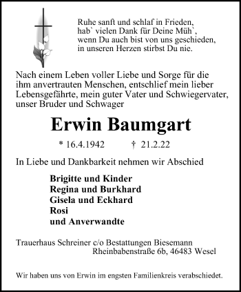 Traueranzeige von Erwin Baumgart von WVW Anzeigenblätter