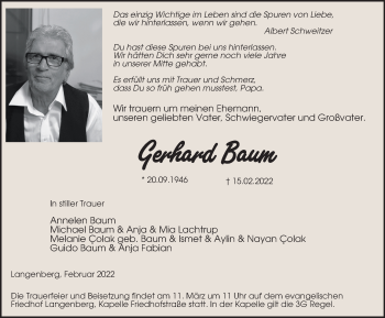 Traueranzeige von Gerhard Baum von WVW Anzeigenblätter