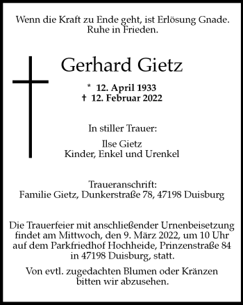 Traueranzeige von Gerhard Gietz von WVW Anzeigenblätter