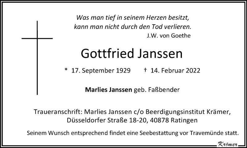  Traueranzeige für Gottfried Janssen vom 05.03.2022 aus WVW Anzeigenblätter
