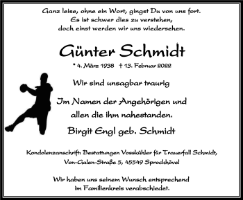 Traueranzeige von Günter Schmidt von WVW Anzeigenblätter