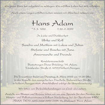 Traueranzeige von Hans Adam von WVW Anzeigenblätter