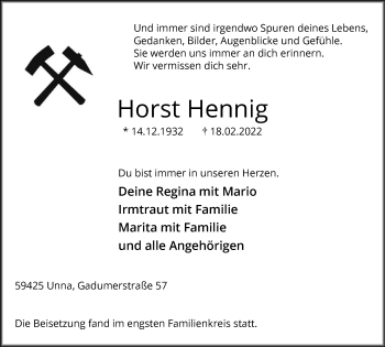 Traueranzeige von Horst Hennig von WVW Anzeigenblätter
